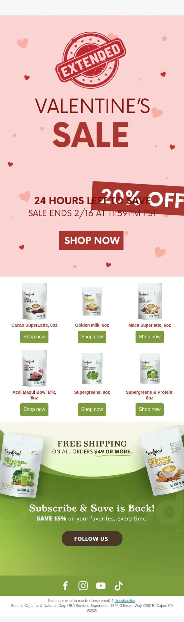We 💌 You - Valentines Sale Extended! email from Sunfood screenshot