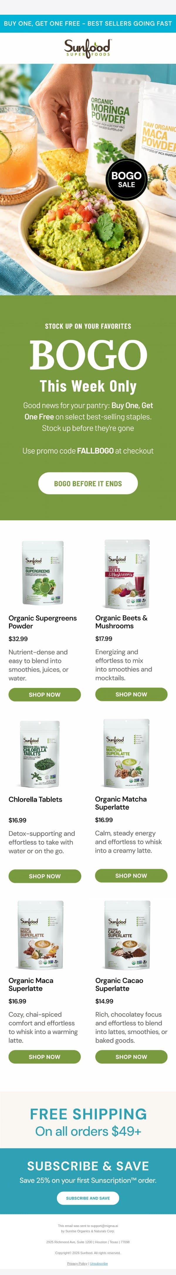 Nourish Your Pantry — BOGO Is Here email from Sunfood screenshot