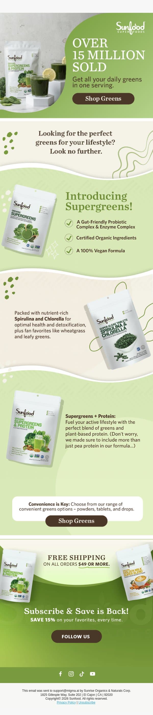 Discover the Benefits of Supergreens! email from Sunfood screenshot