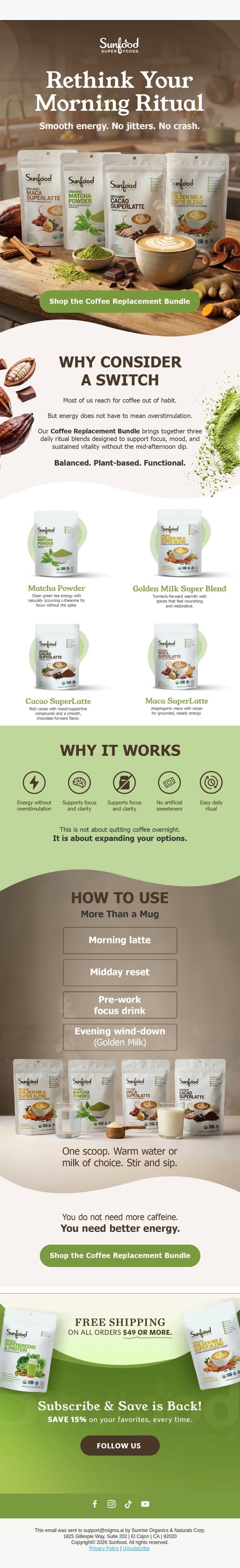 Revamp Your Morning Coffee Routine! ☕ email from Sunfood screenshot
