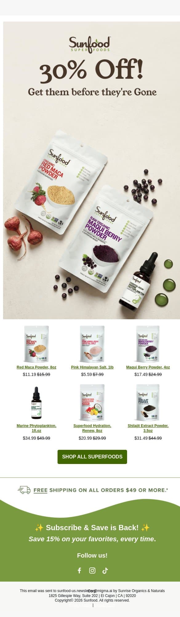 30% OFF Last Chance Sale Items - These wont last long! email from Sunfood screenshot
