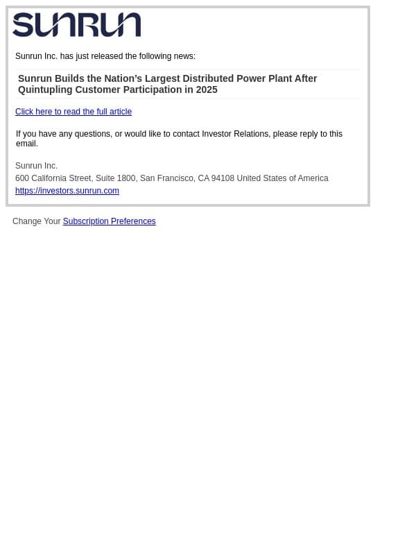 Sunrun Builds the Nation’s Largest Distributed Power Plant After Quintupling Customer Participation in 2025 email from Sunrun screenshot