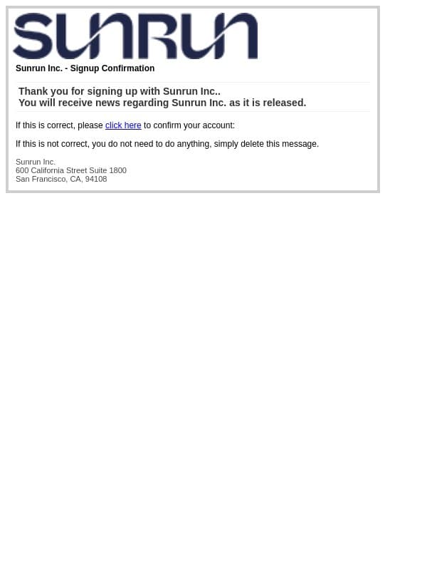 Sunrun Inc. - Signup Confirmation email from Sunrun screenshot
