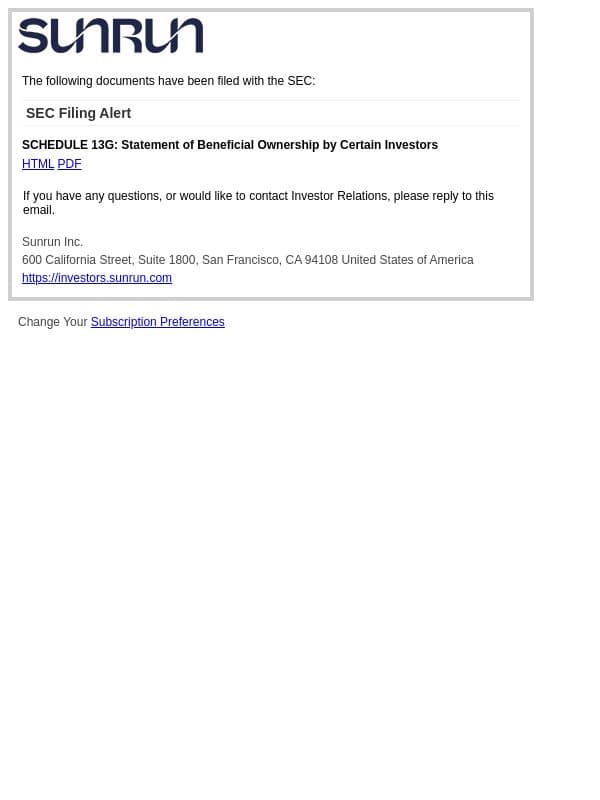 SEC Filing Alert for Sunrun Inc. email from Sunrun screenshot