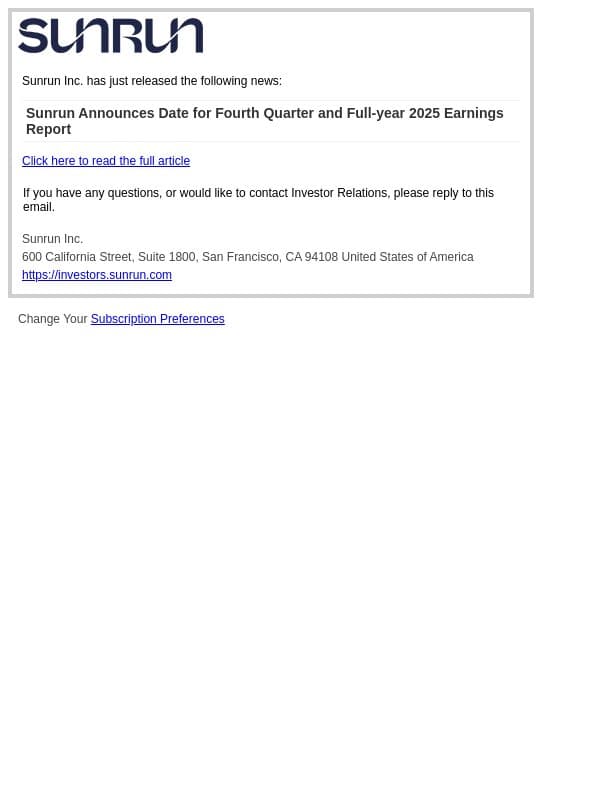 Sunrun Announces Date for Fourth Quarter and Full-year 2025 Earnings Report email from Sunrun screenshot