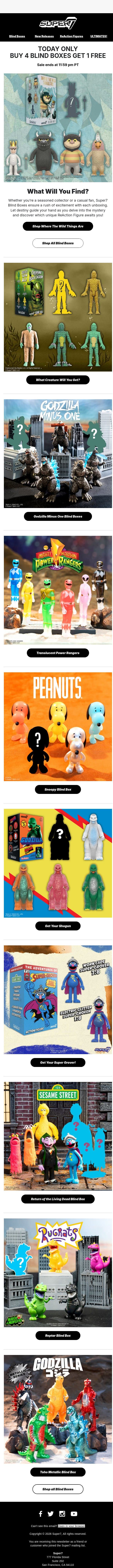 Buy 4 Get 1 Free Blind Boxes - Today Only! email from Super7 screenshot