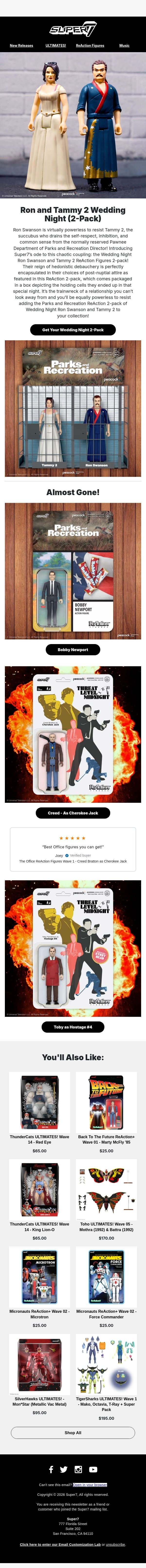 Hey, Swanson, snap out of it! email from Super7 screenshot