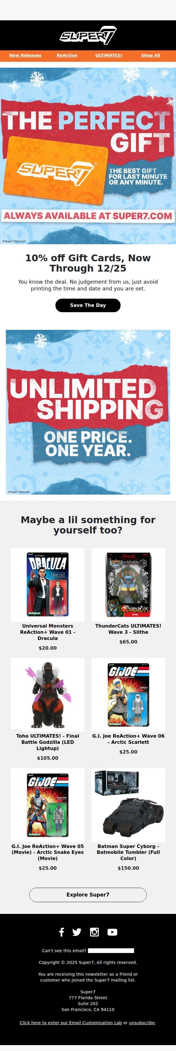 10% off Gift Cards, Now Through the 25th! email from Super7 screenshot