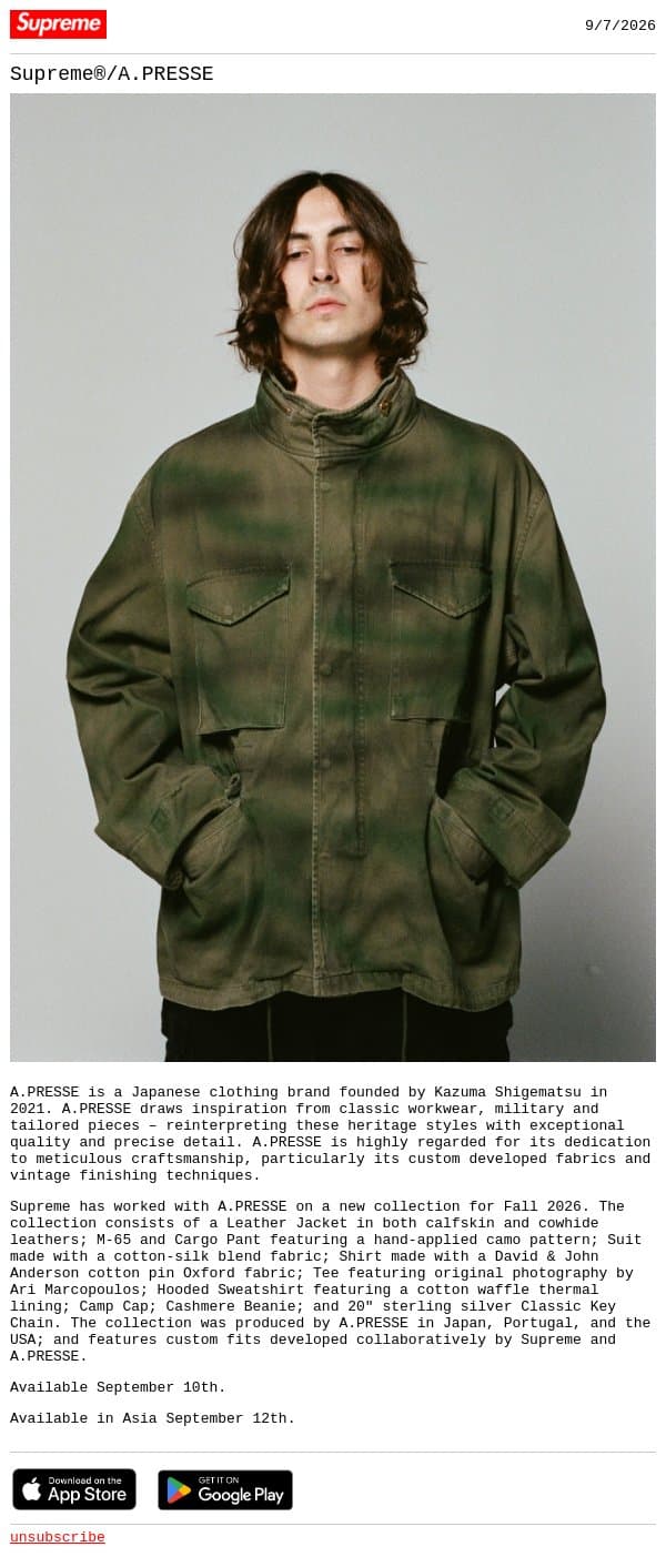 Supreme®/A.PRESSE email from Supreme screenshot