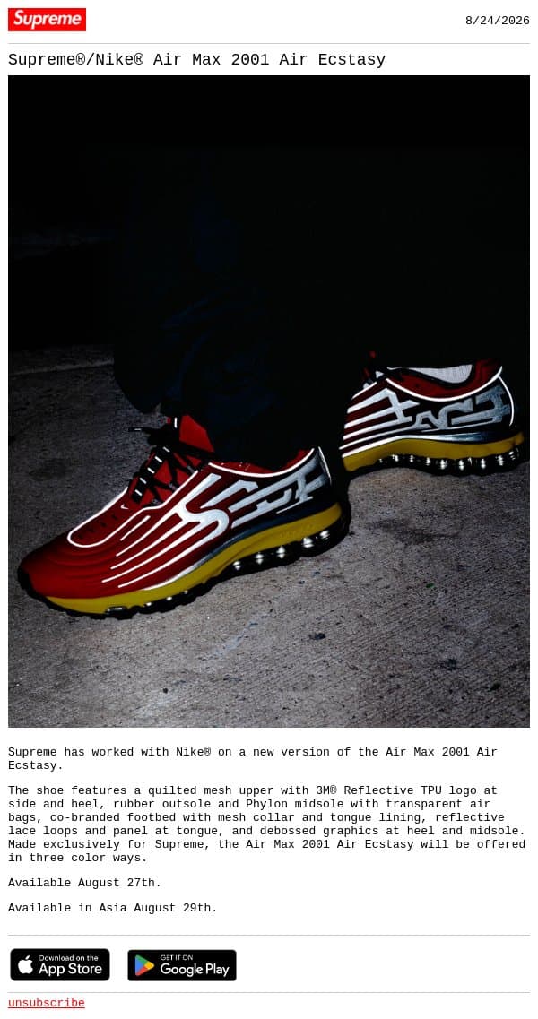 Supreme®/Nike® Air Max 2001 Air Ecstasy email from Supreme screenshot