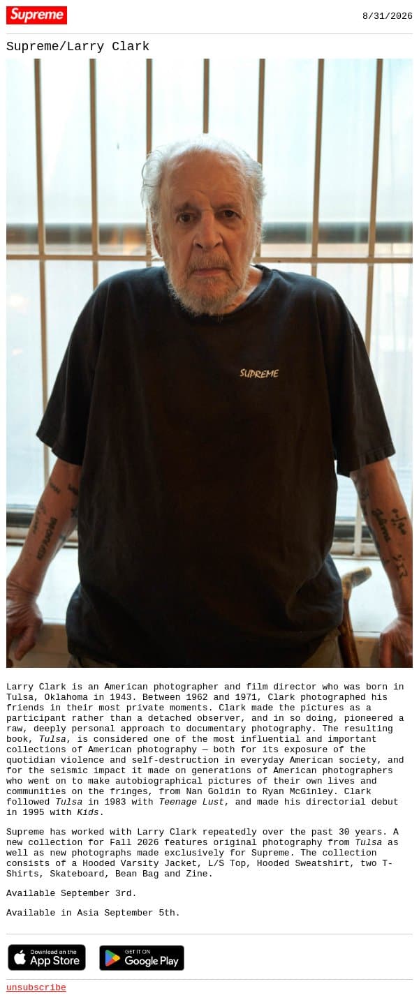 Supreme/Larry Clark email from Supreme screenshot