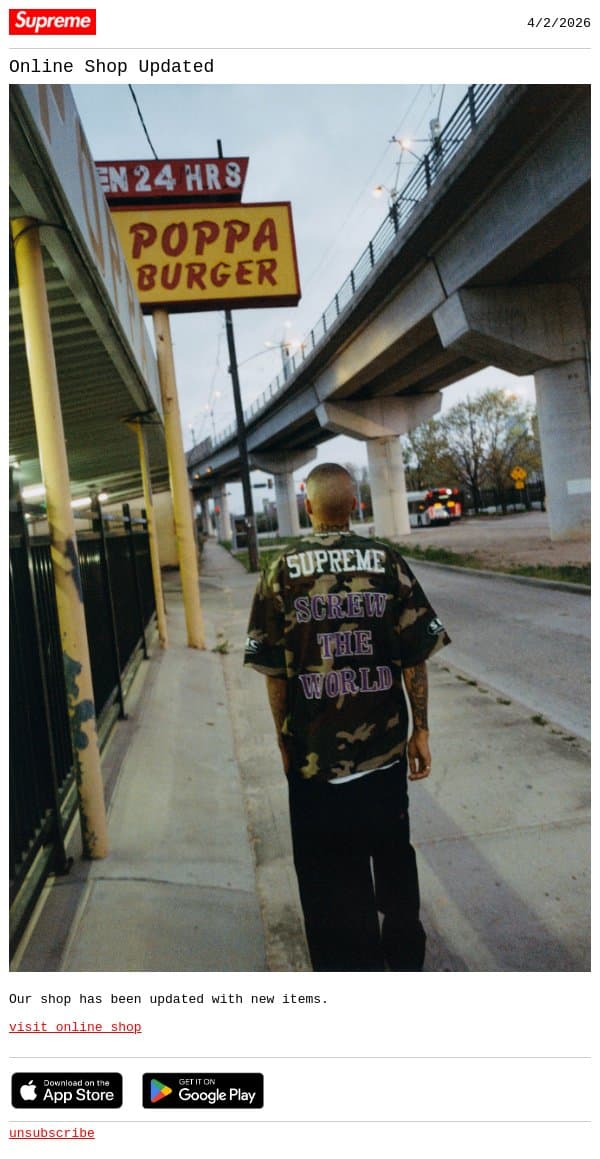 Online Shop Update email from Supreme screenshot