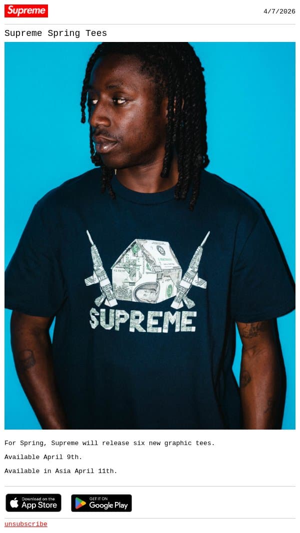 Supreme Spring Tees email from Supreme screenshot