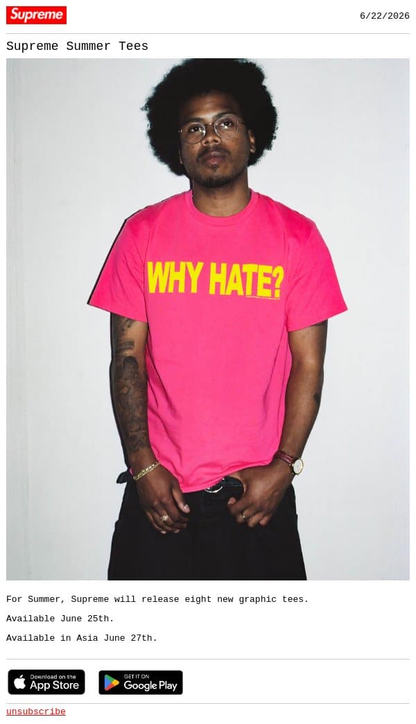 Supreme Summer Tees email from Supreme screenshot