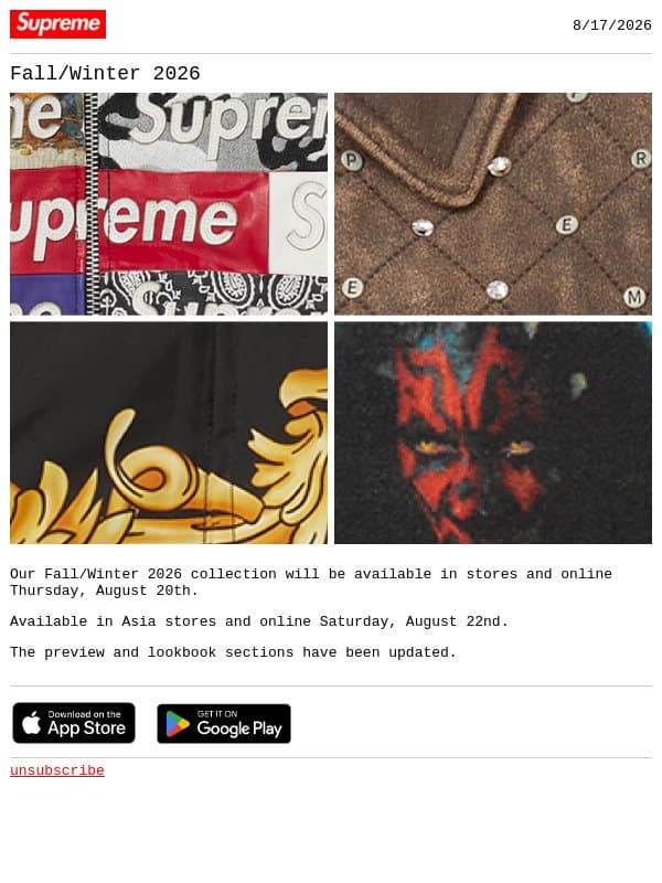 Fall/Winter 2026 email from Supreme screenshot