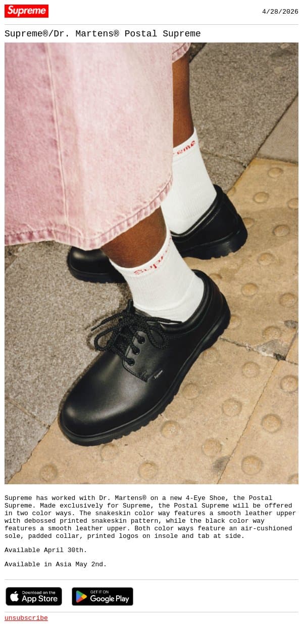 Supreme®/Dr. Martens® Postal Supreme email from Supreme screenshot
