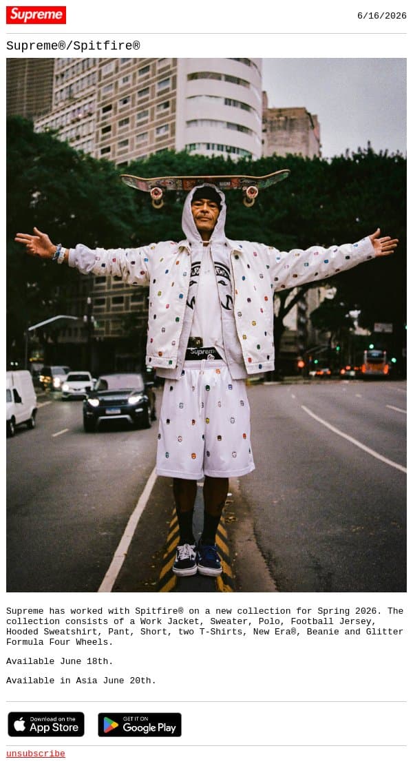 Supreme®/Spitfire® email from Supreme screenshot