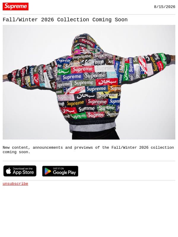 Fall/Winter 2026 Collection Coming Soon email from Supreme screenshot