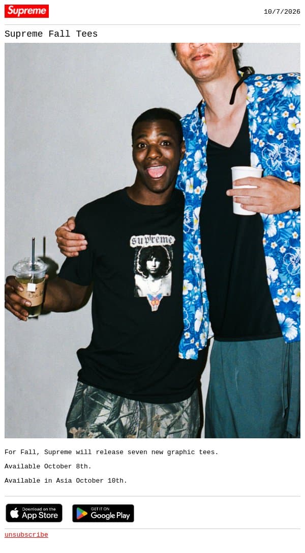 Supreme Fall Tees email from Supreme screenshot