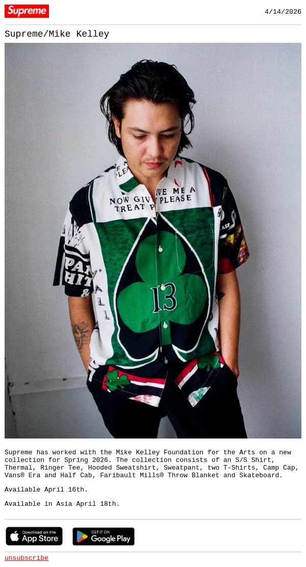 Supreme/Mike Kelley email from Supreme screenshot