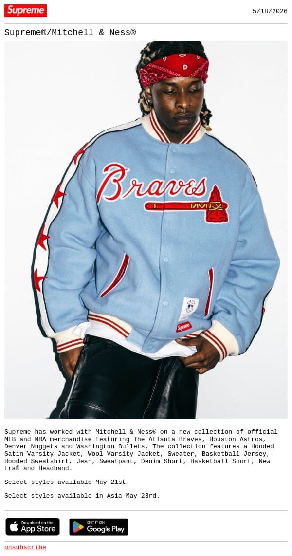 Supreme®/Mitchell & Ness® email from Supreme screenshot