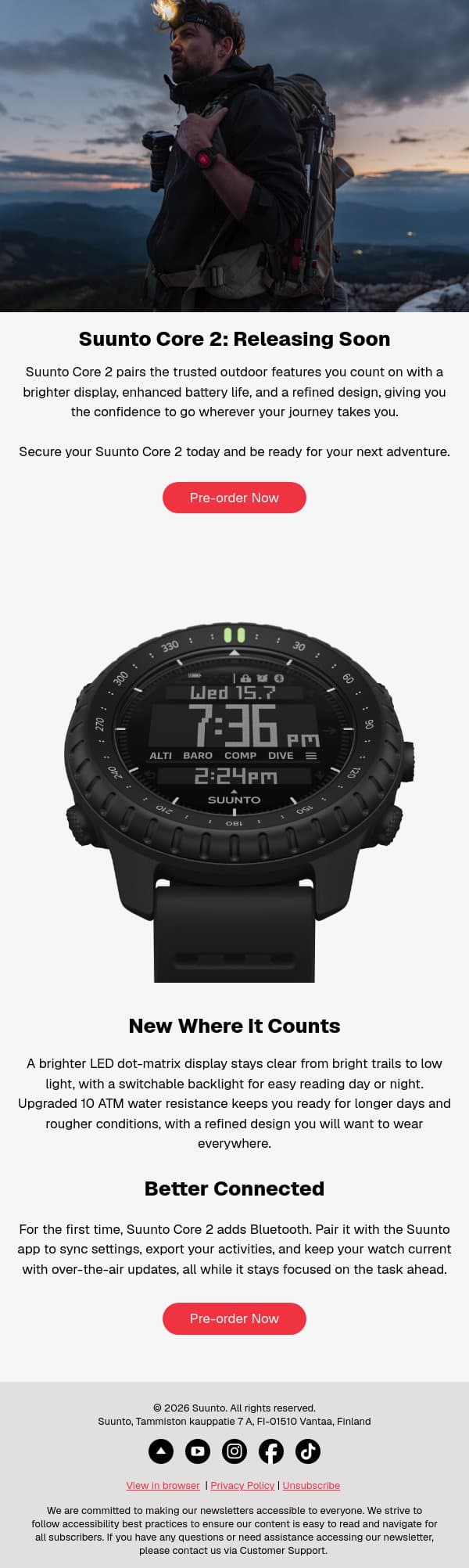 Be Among the First to Experience Suunto Core 2 email from Suunto screenshot