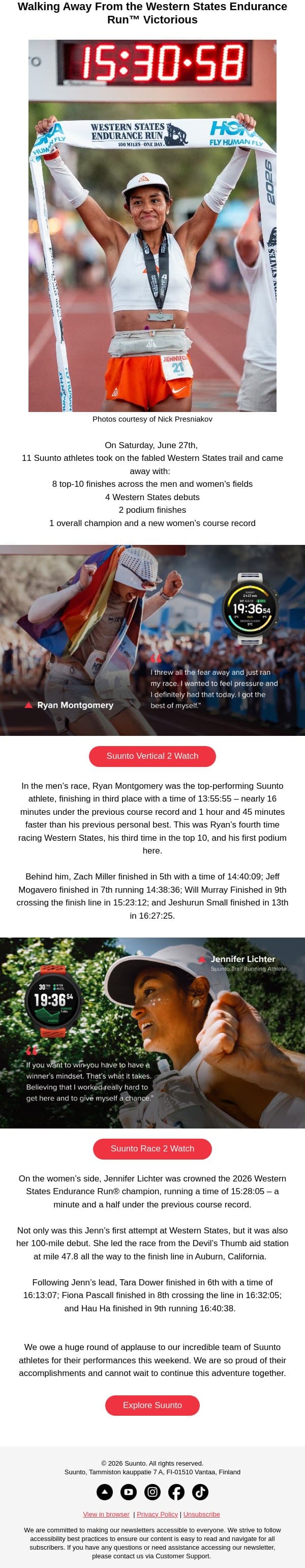 Walking Away From the Western States Endurance Run™ Victorious email from Suunto screenshot