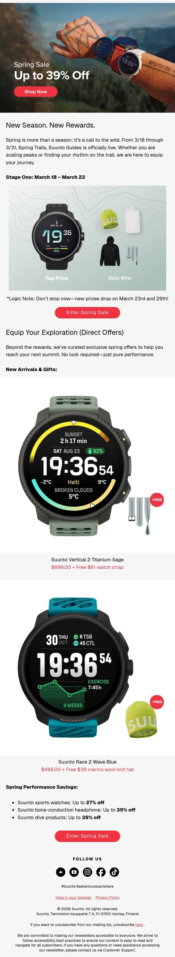 The Trail Awaits: Our Spring Celebration is Live☘️ email from Suunto screenshot
