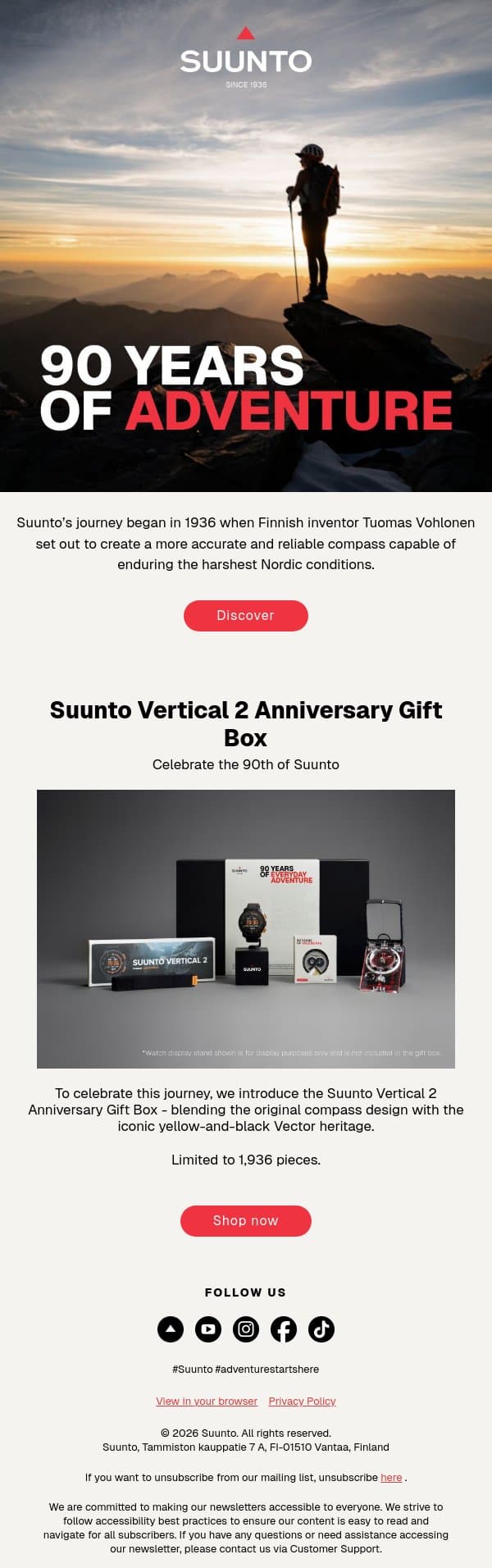 🔺For 90 Years, Adventure Has Led the Way email from Suunto screenshot