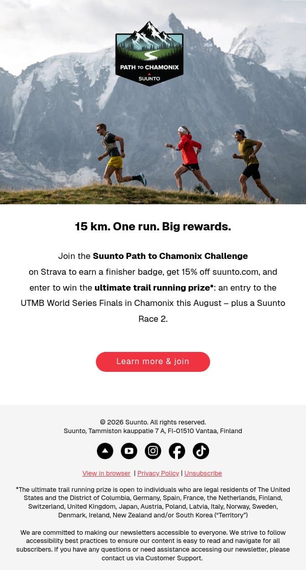 Dream big. Run 15km. Get rewarded. email from Suunto screenshot