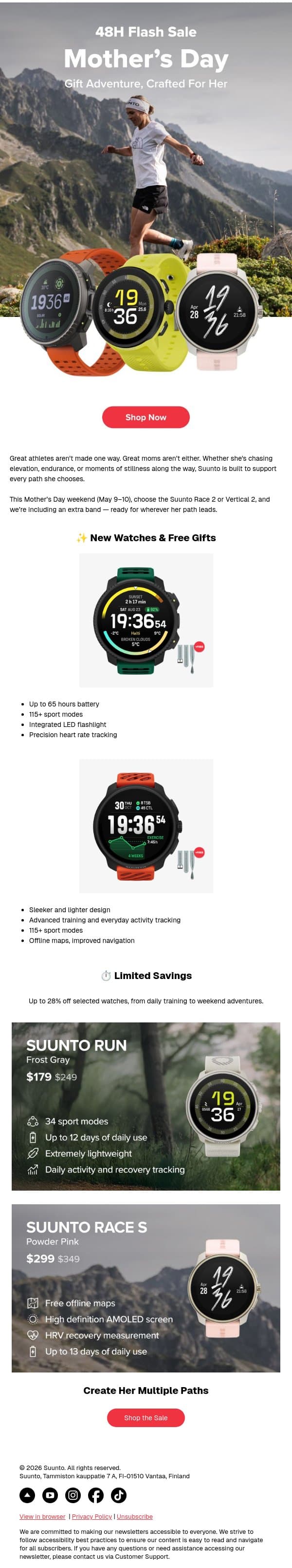 Mother’s Day Sale is live: Gift adventure, crafted for her. email from Suunto screenshot