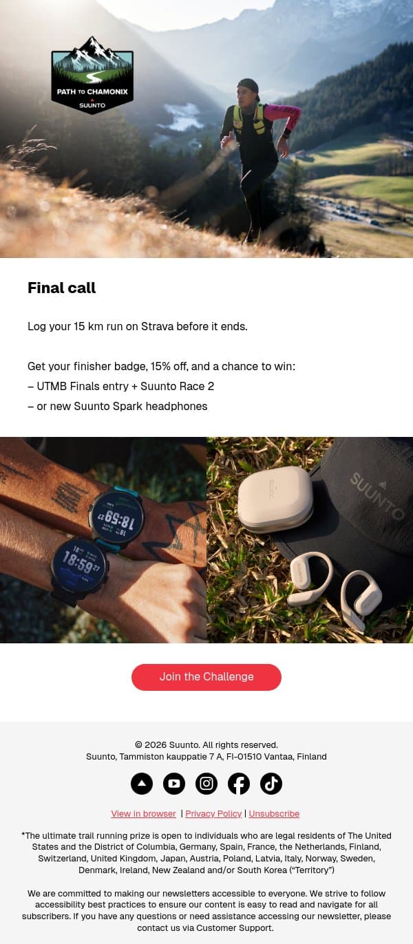Last chance: 15 km. Big rewards. email from Suunto screenshot