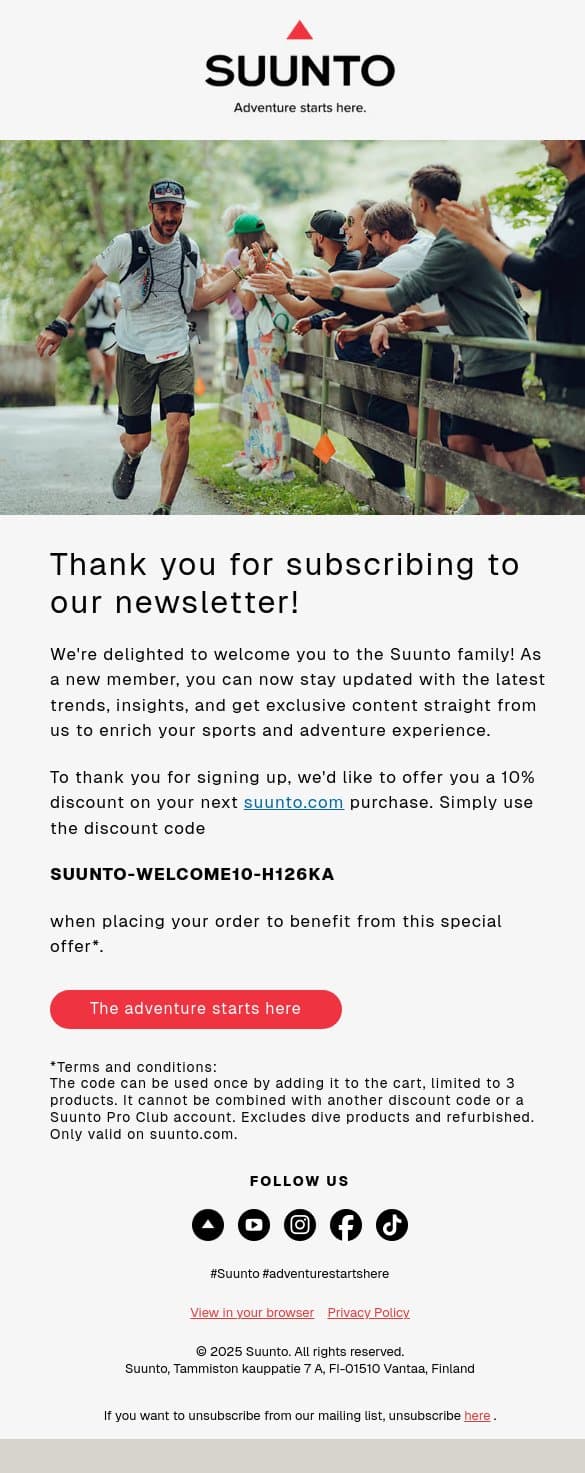 Here's your discount code from Suunto🔺 email from Suunto screenshot