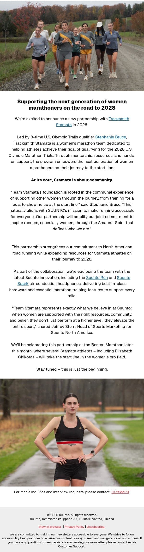 Supporting the next generation of women marathoners on the road to 2028 email from Suunto screenshot