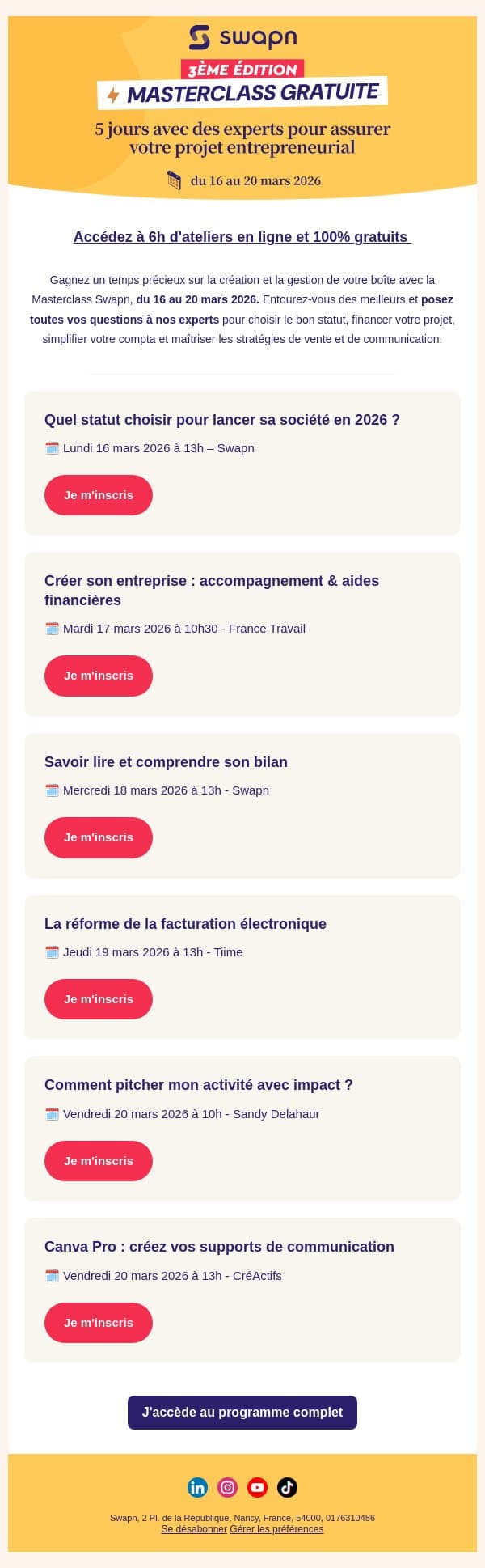 Masterclass Swapn gratuite : du 16 au 20 mars email from Swapn screenshot