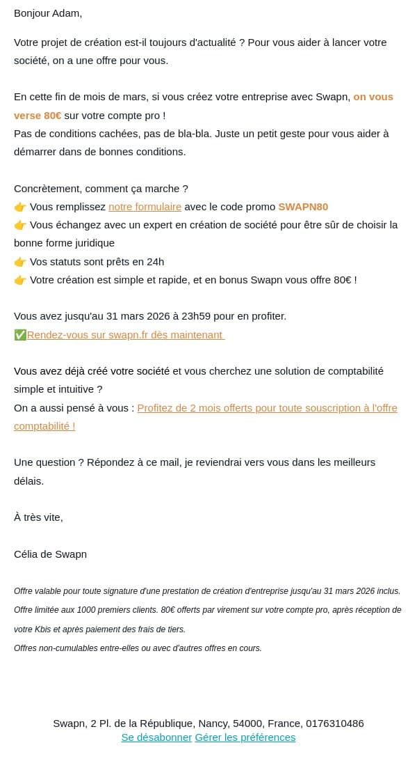 Créez avec Swapn = 80€ offerts sur votre compte pro email from Swapn screenshot