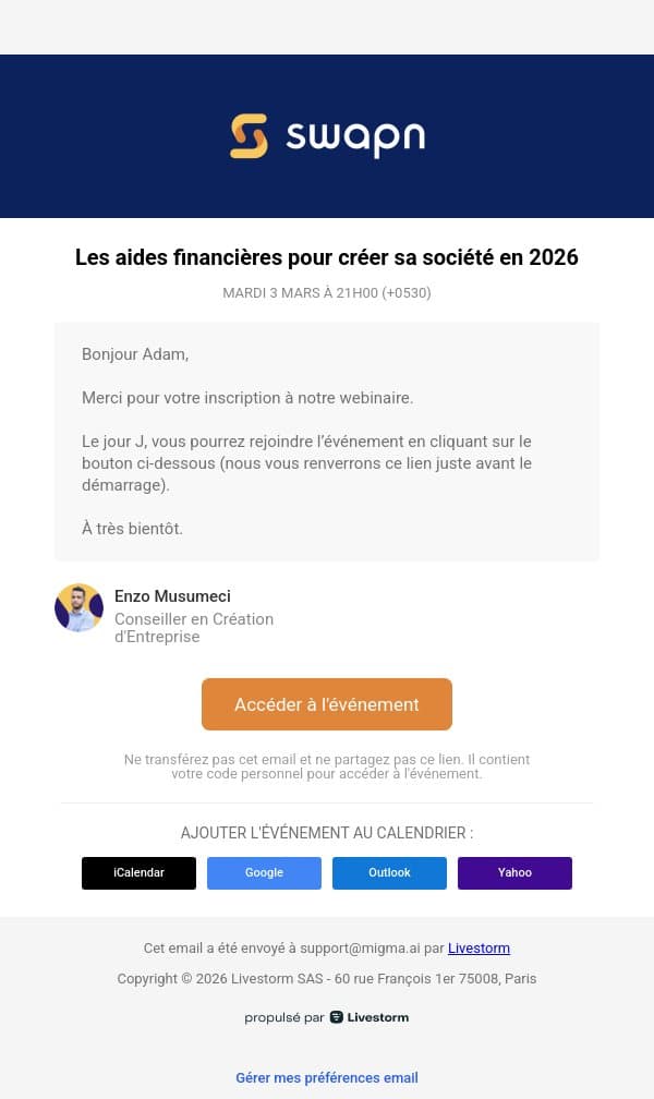 📅 Votre place est réservée pour notre webinaire ! email from Swapn screenshot