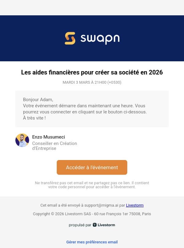 📅 Plus qu'une heure avant notre événement ! email from Swapn screenshot