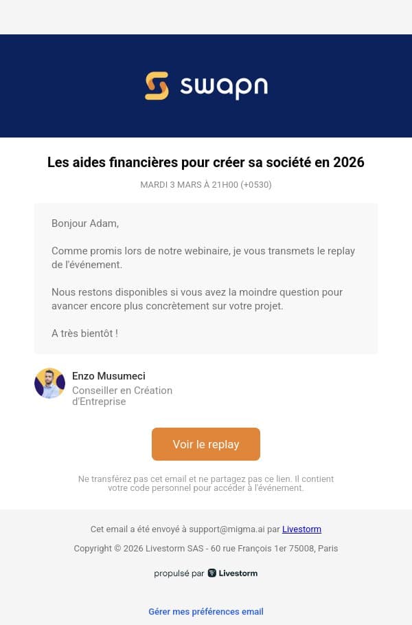 Replay du webinaire email from Swapn screenshot