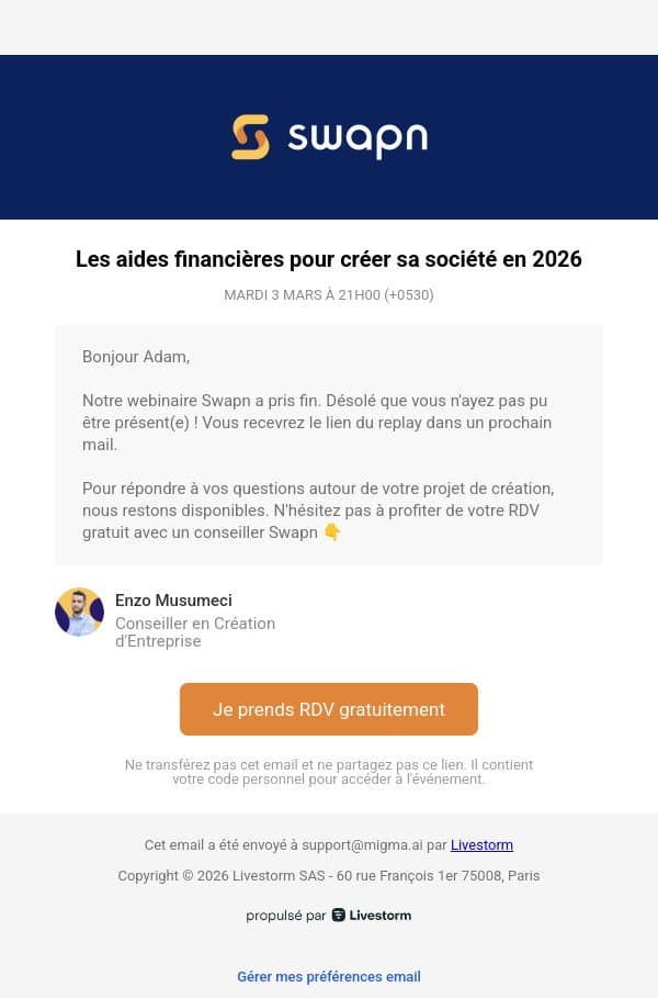 Dommage que vous n'ayez pas pu venir email from Swapn screenshot