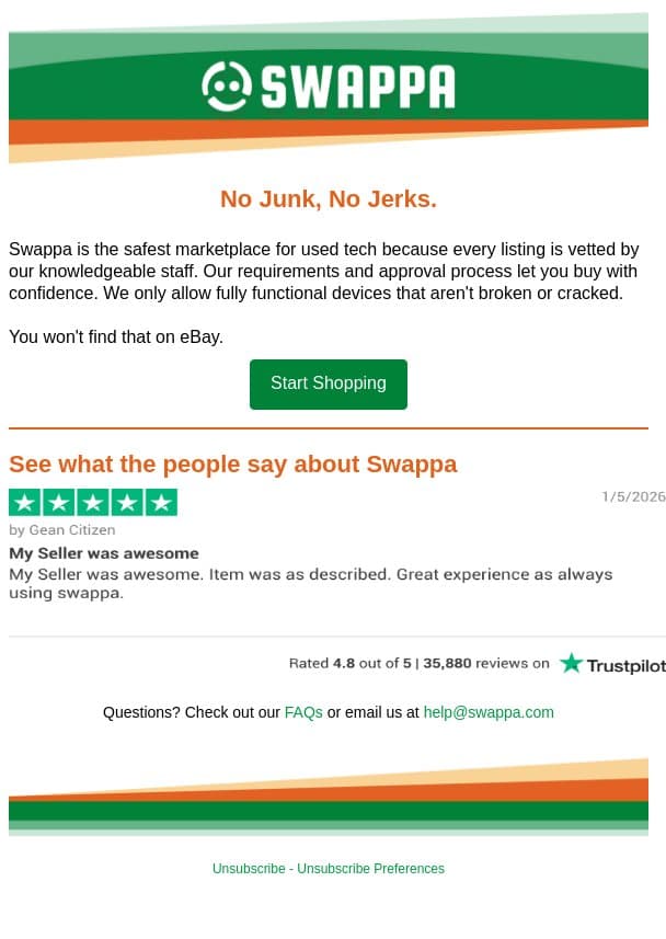No Junk, No Jerks on Swappa email from Swappa screenshot