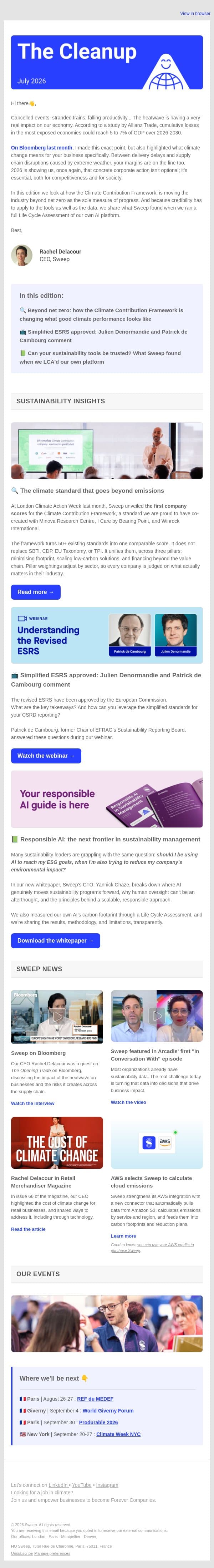 The new scorecard for climate action, and the future of AI in sustainability management email from Sweep screenshot