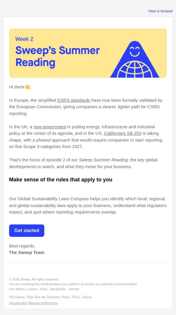 Sustainability legislation is moving fast, here's what you need to know email from Sweep screenshot