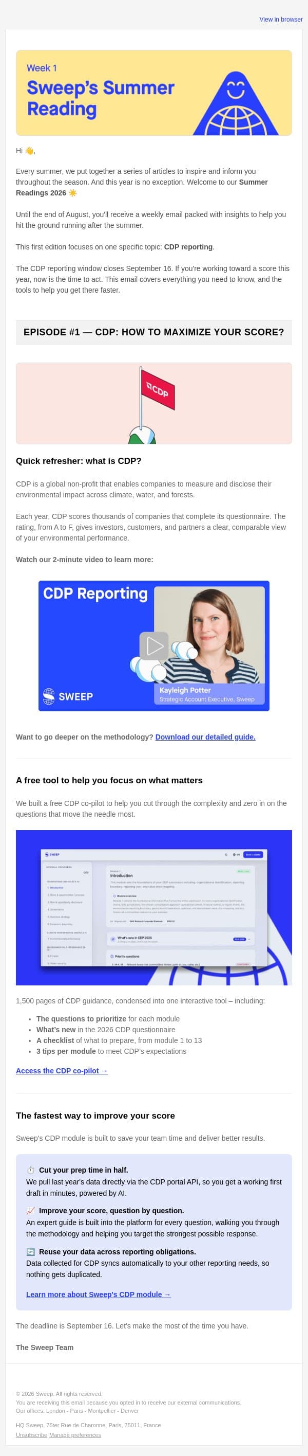 How to maximize your CDP score before the September deadline email from Sweep screenshot