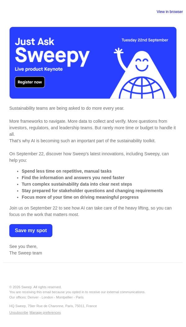 Discover how Sweep’s latest AI innovations can help you work smarter email from Sweep screenshot