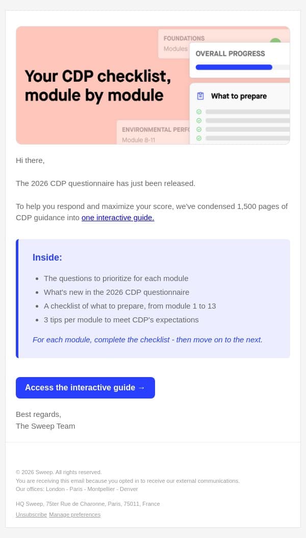 [Interactive Guide] CDP 2026 : the checklist your team needs email from Sweep screenshot