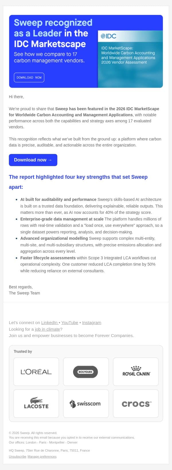 Sweep named a leader in IDC MarketScape 2026 email from Sweep screenshot