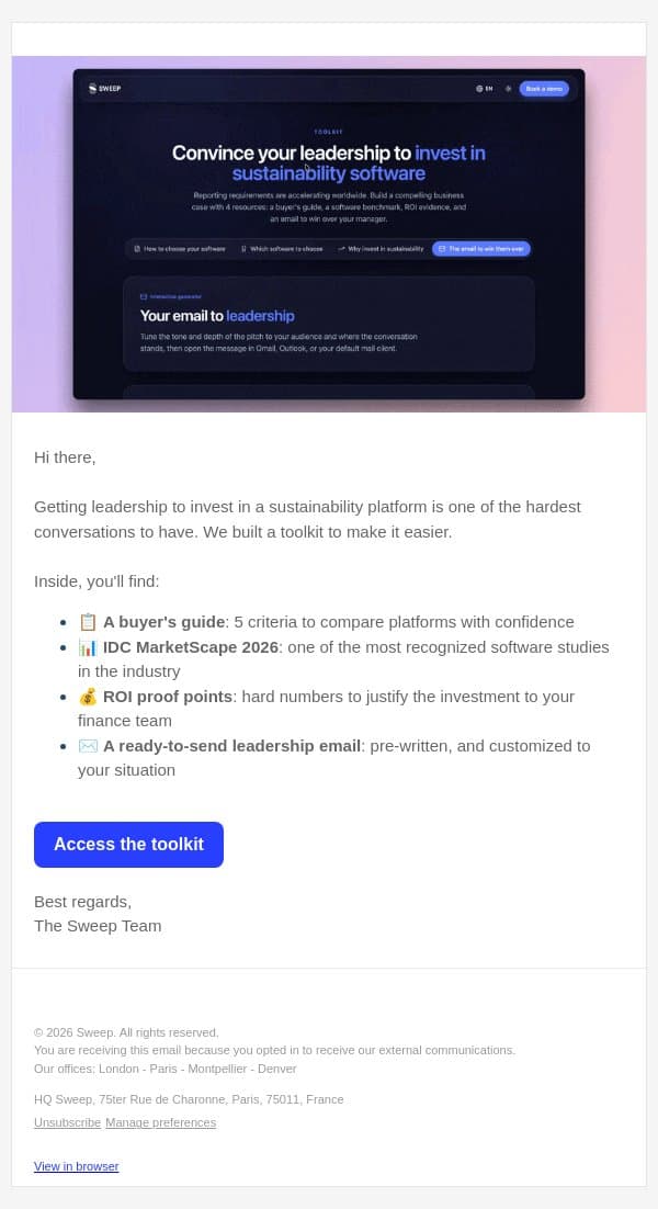Your shortcut to sustainability investment email from Sweep screenshot