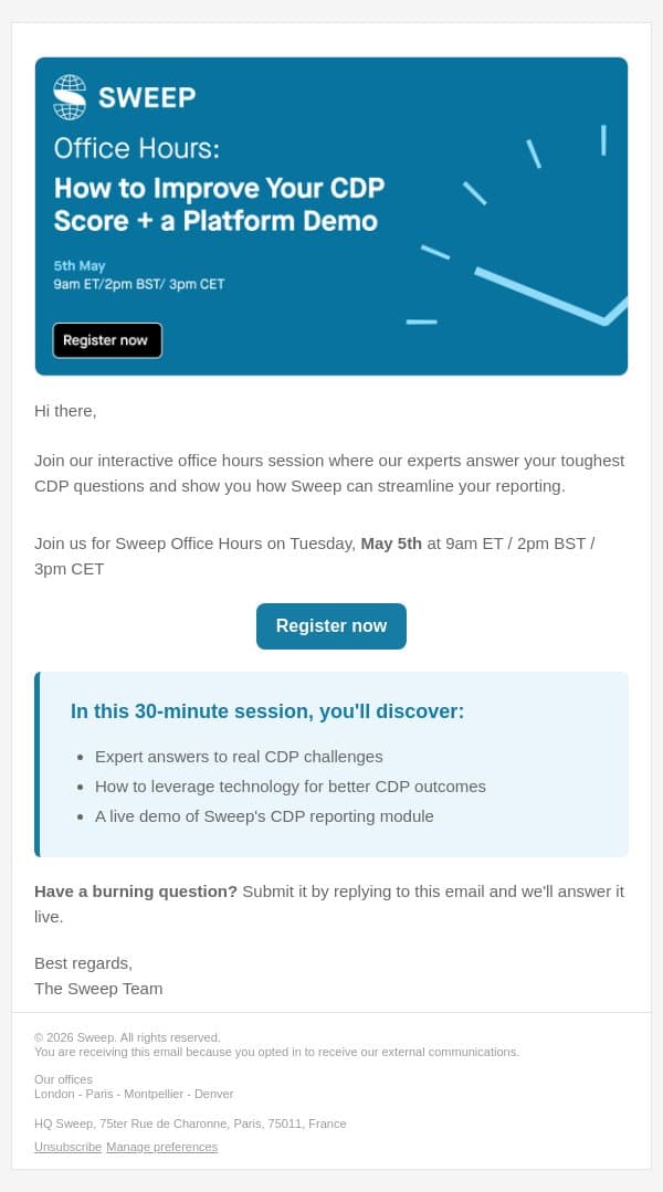 [Live Session] Sweep office hours: improve your CDP Score + Platform Demo email from Sweep screenshot