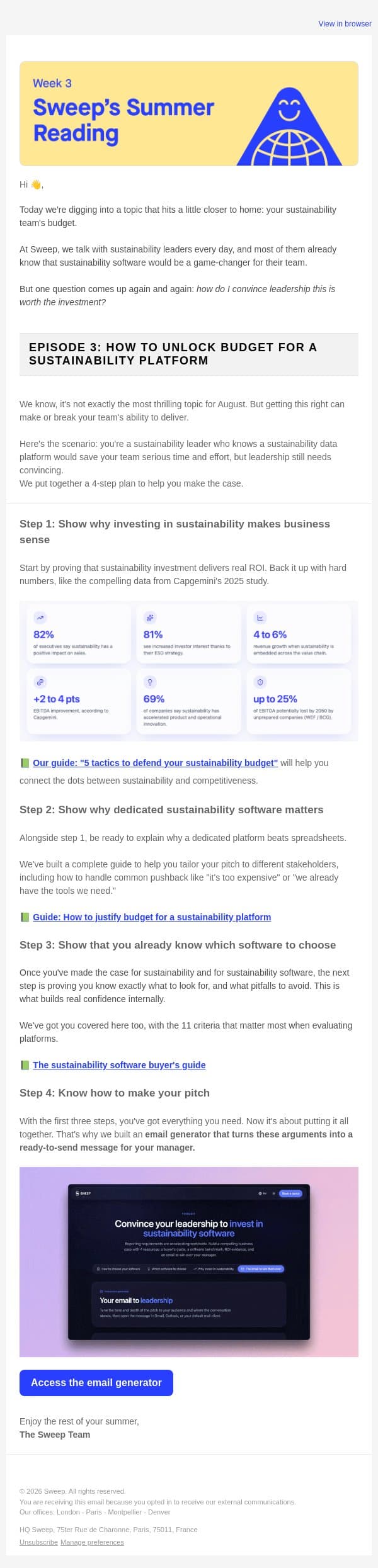 4 steps to unlock sustainability budget email from Sweep screenshot